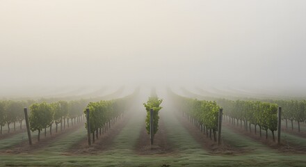 Obraz premium Misty Vineyard Rows Vanishing into Early Morning Fog