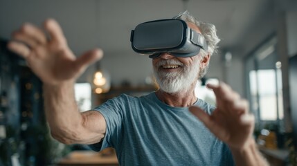 Elderly caucasian male enjoying virtual reality experience with vr headset