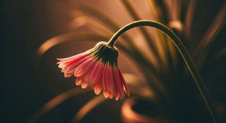 Close up of a pink gerbera daisy with a curved stem against a dark background