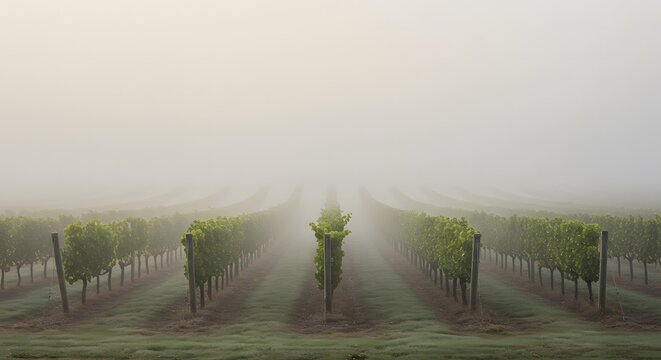 Misty Vineyard Rows Vanishing into Early Morning Fog - Powered by Adobe