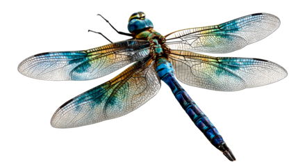 Close up of a detailed dragonfly with vibrant blue and green wings, cut out transparent
