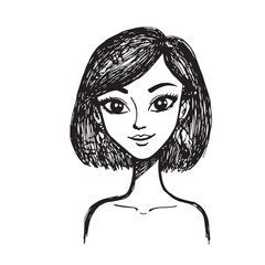 Beautiful Woman Doodle Black and White Illustration Fashion Girl Portrait Line Art Sketch Vector