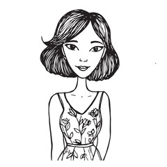 Beautiful Woman Doodle Black and White Illustration Fashion Girl Portrait Line Art Sketch Vector