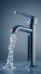 Chrome faucet with flowing water in minimalist setting