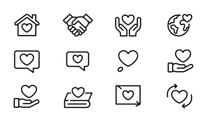 Set of love and care icons representing love for home, world, and each other in simple design vector