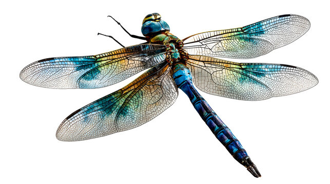 Close up of a detailed dragonfly with vibrant blue and green wings, cut out transparent