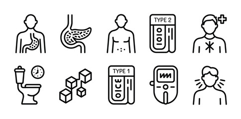 Diabetes symptoms and complications outlined with simple black and white vector icons set up