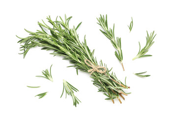 Bunch and leaves of fresh rosemary isolated on white background, closeup