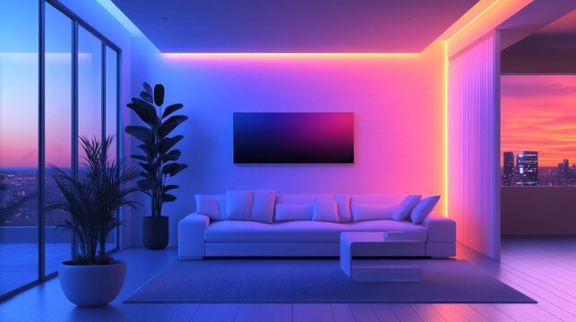 Modern living room with colorful led lighting and cityscape view at sunset