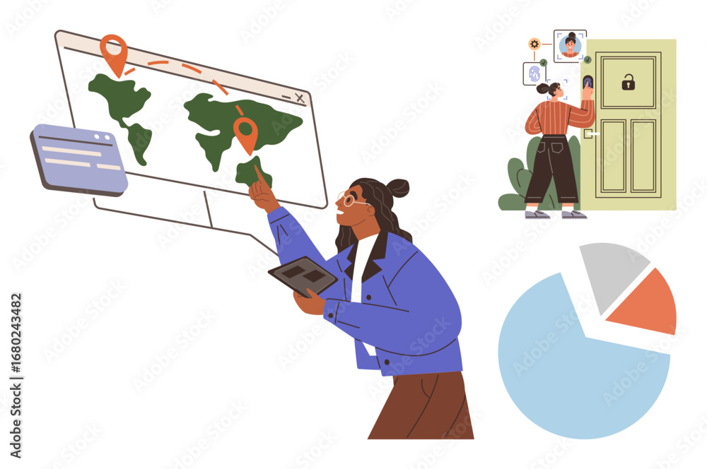 Aufkleber woman monitoring global geolocation on a map, analyzing data on a pie chart. digital security with l