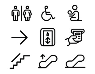 Collection of various signs including restrooms elevator stairs and other common public symbols Vector