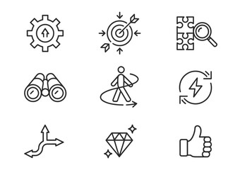 Business strategy and planning icons representing growth success and problem solving skills set of icons Vector