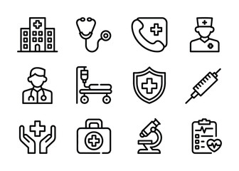 Medical icons representing healthcare services and equipment in a minimalist style design Vector