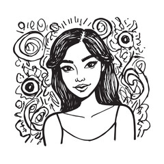 Beautiful Woman Doodle Black and White Illustration Fashion Girl Portrait Line Art Sketch Vector