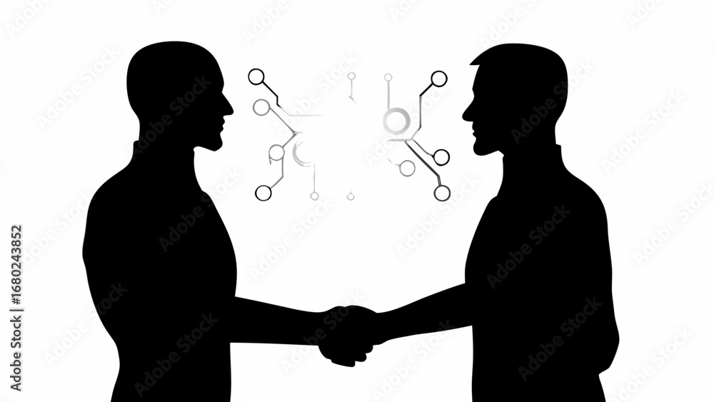 Poster silhouette of two men shaking hands with a network diagram in the background in black and white styl