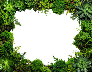 Lush Green Plant Frame with Ferns Moss and Succulents.