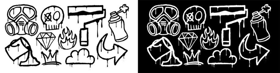 Grunge graffiti element set with ink splatter and drip, skull, gas mask, diamond, flame, crown, cloud, roller, spray can, and arrow. illustration on white and black background