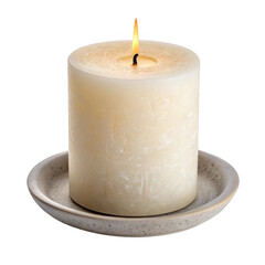 Warm glowing candle flame illuminates serene white candle on rustic dish with gentle light transparent background
