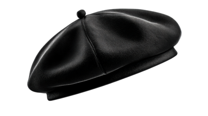 Classic Black Textured Beret Hat with Top Button Detail, cut out transparent