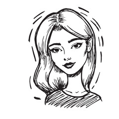 Beautiful Woman Doodle Black and White Illustration Fashion Girl Portrait Line Art Sketch Vector