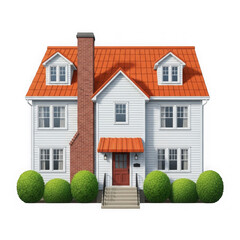 A charming twostory house with a red roof, brick chimney, and neatly trimmed bushes, isolated on a transparent background
