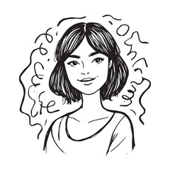 Beautiful Woman Doodle Black and White Illustration Fashion Girl Portrait Line Art Sketch Vector