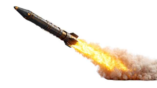 Powerful rocket launch with fiery exhaust against a white background, cut out transparent