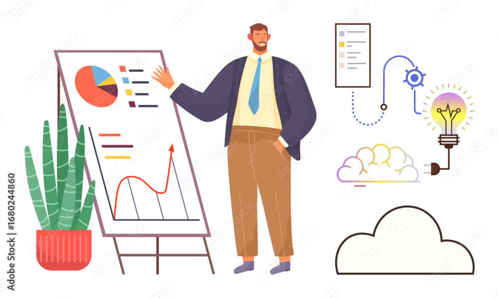 Poster man explaining data on chart board alongside cloud tech, analytics, and innovation icons. ideal for 