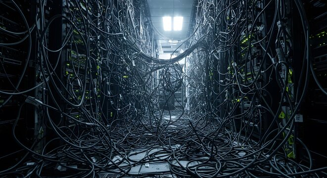 Chaotic Data Center Aisle Overwhelmed with Tangled Network Cables