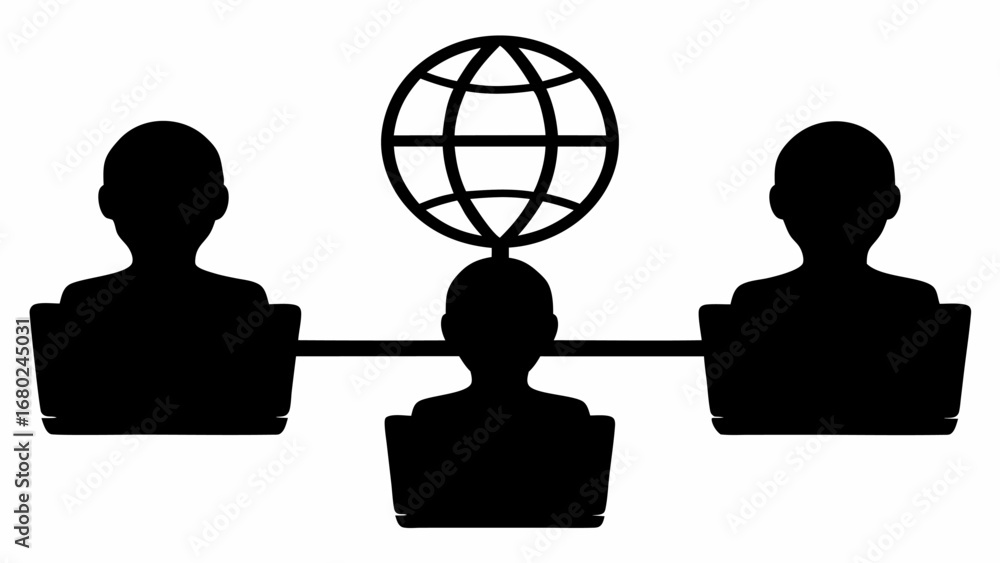 Poster three silhouettes working on laptops connected to a globe network communication technology design