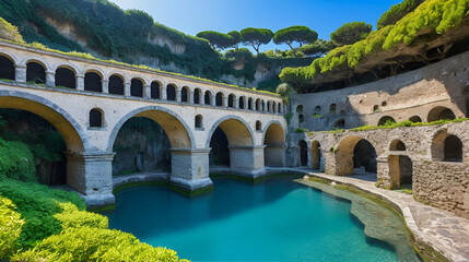 Ruins of roman Villa di Pollio Felice called Bagni della regina Giovanna (baths of Queen Giovanna) with natural rock bridge at Sorrento coast, Naples, Campania, Italy