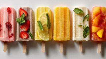 Colorful and refreshing popsicle treats, perfect for a summer day! They're arranged on a stick, and showcase a variety of fruity flavors and refreshing textures