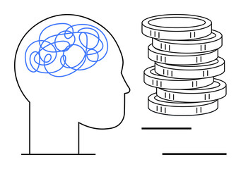 Human head outline with tangled lines in the brain next to stacked coins, symbolizing mental health challenges tied to financial concerns. Ideal for psychology, finance, stress management, budgeting