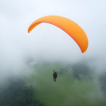 Green foggy scenery with a parafoil drifting along it. Parachute, paragliding comcept.