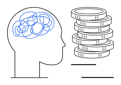 Human head outline with tangled lines in the brain next to stacked coins, symbolizing mental health challenges tied to financial concerns. Ideal for psychology, finance, stress management, budgeting
