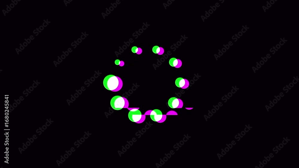 Aufkleber loading icon symbol turning animation with distortions and glitch effects on black background
