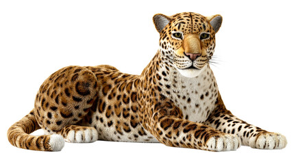 Obraz premium Majestic Leopard Resting Elegantly on a Clean White Background, cut out transparent