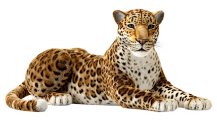 Majestic Leopard Resting Elegantly on a Clean White Background, cut out transparent