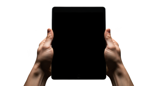 Hands holding tablet isolated on transparent background, studio shot