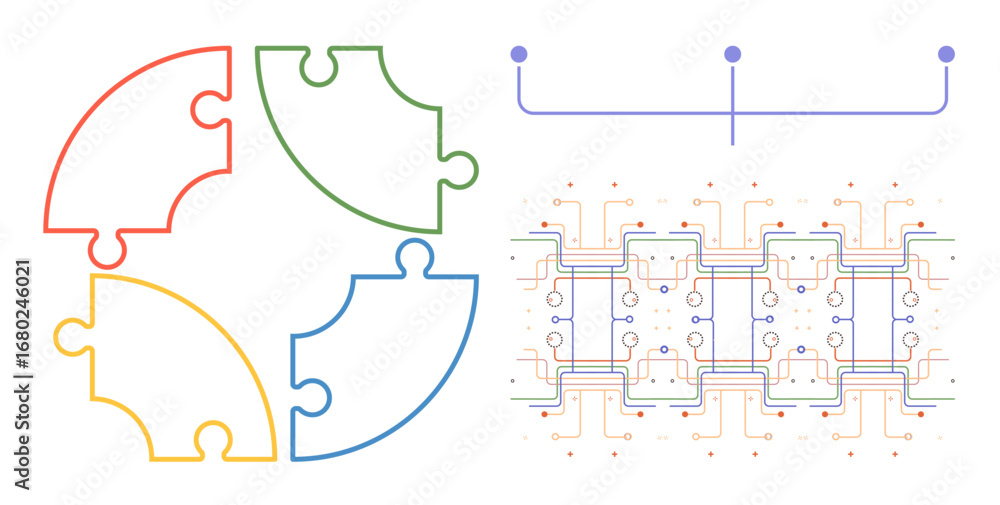 Poster four interlocking puzzle pieces and a digital circuit board network convey connection, collaboration