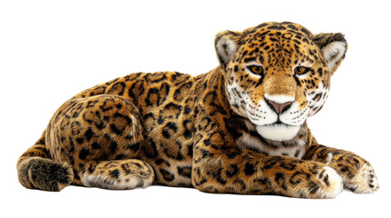 Obraz premium Majestic Jaguar reclines with patterned fur against a white background, cut out transparent