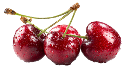Fresh Ripe Cherries Covered in Water Droplets on Stems, cut out transparent