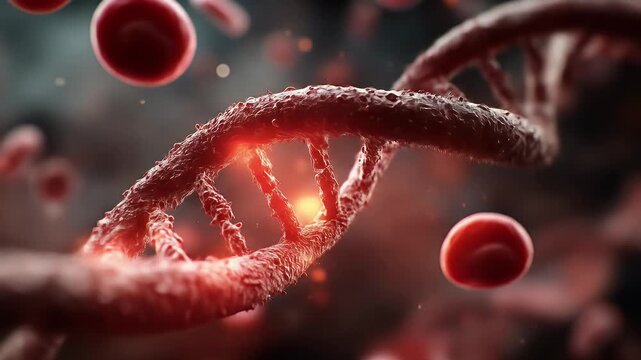 Intense lighting close up on a red dna helix with blood cells background - Powered by Adobe