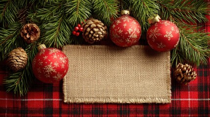 Festive Holiday Still Life: A charming festive arrangement of vibrant red ornaments and pine cones rests on a red and black plaid surface, creating a cozy winter atmosphere. Generative Ai