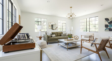 Modern Living Room with Vintage Record Player and Stylish Furniture.