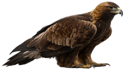 Majestic Golden Eagle Perched on White Background with Detailed Feathers and Talons, cut out transparent
