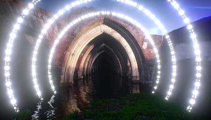 Mysterious, arched stone structure, partially submerged in water, illuminated by glowing rings