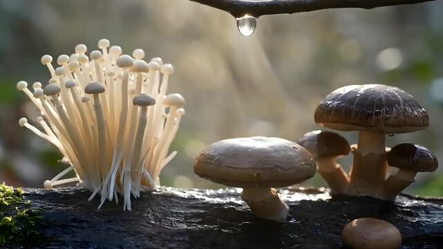 Delicate enoki and shiitake mushrooms thriving on a damp log, bathed in ethereal morning sunlight with a suspended water droplet