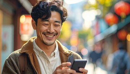 Asian man smiling while looking funny content on smartphone. Detailed high quality image. 