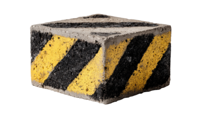 Grey concrete cube, yellow-black stripes